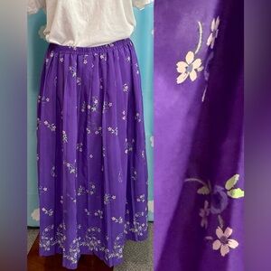 Vintage Leslie Fay purple pleated floral skirt elastic waistband. L